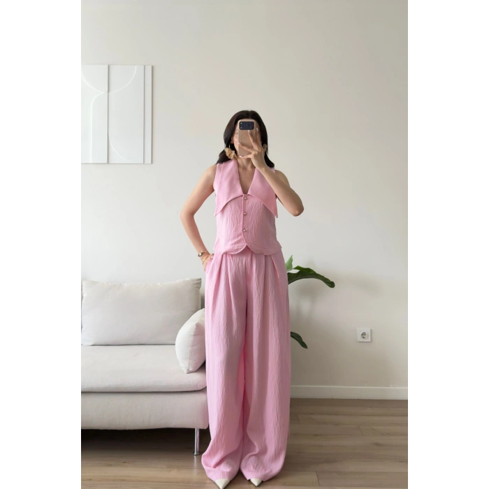 Yaka Detay Keten İkili Takım - PEMBE