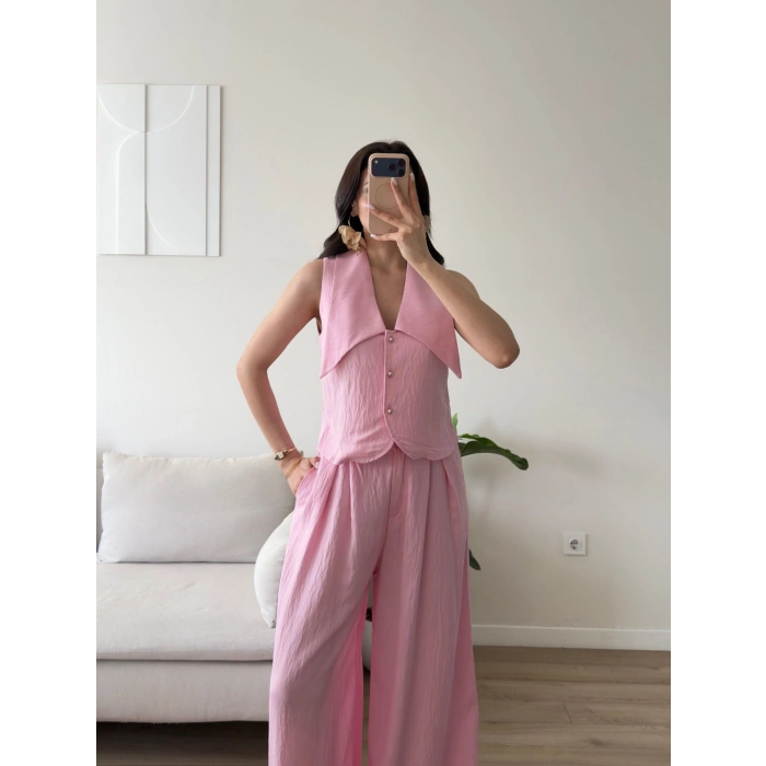 Yaka Detay Keten İkili Takım - PEMBE