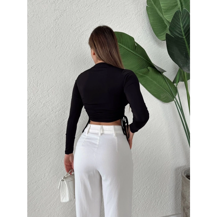 Yan Bağlamalı Crop Bluz-SİYAH