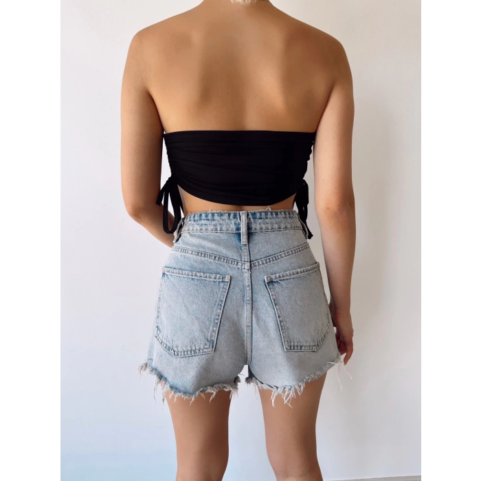 Yan Bağlamalı Straplez Crop-SİYAH