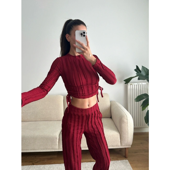 Yan Büzgü Crop & Pantolon Takım - BORDO