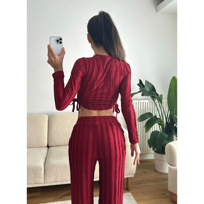 Yan Büzgü Crop & Pantolon Takım - BORDO