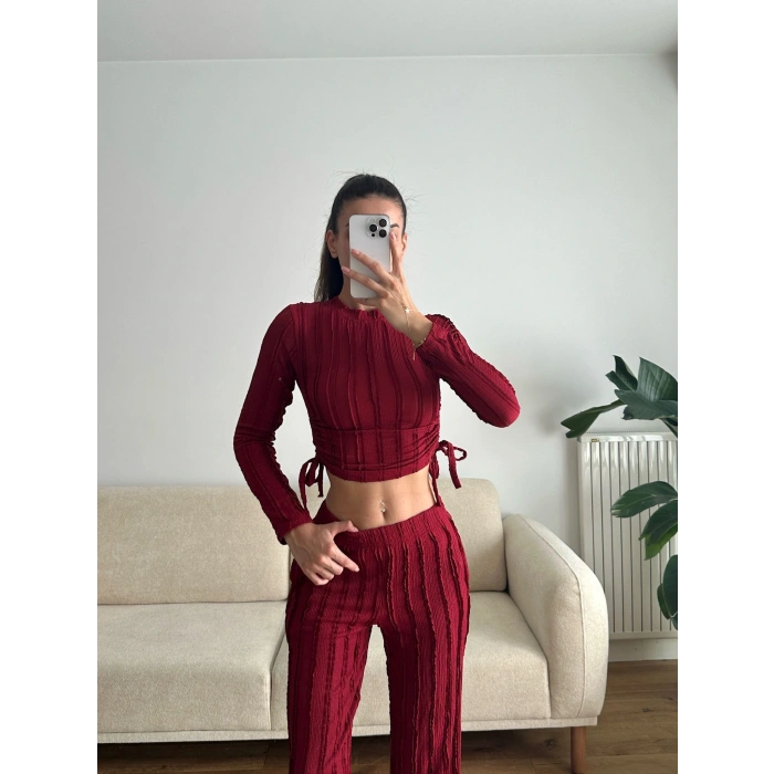 Yan Büzgü Crop & Pantolon Takım - BORDO