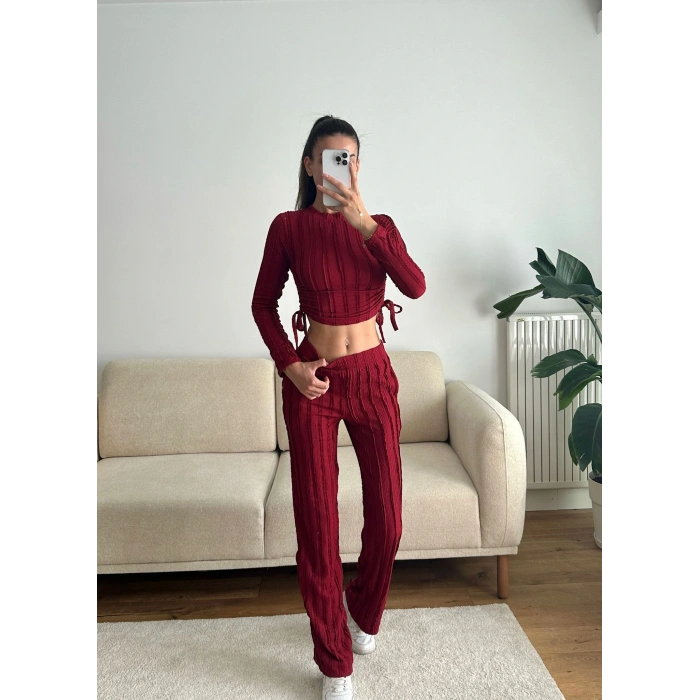 Yan Büzgü Crop & Pantolon Takım - BORDO