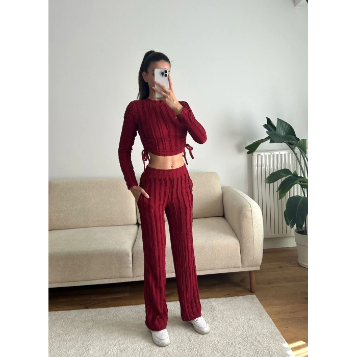 Yan Büzgü Crop & Pantolon Takım - BORDO