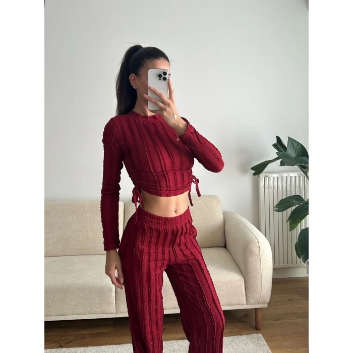 Yan Büzgü Crop & Pantolon Takım - BORDO