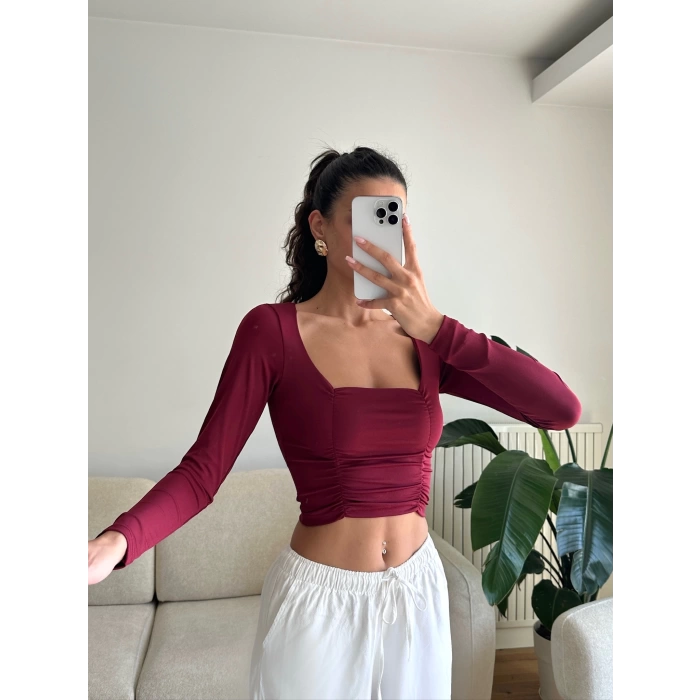 Yan Büzgü Kare Yaka Crop - BORDO