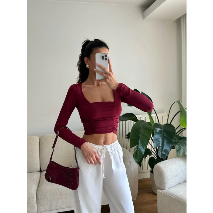 Yan Büzgü Kare Yaka Crop - BORDO