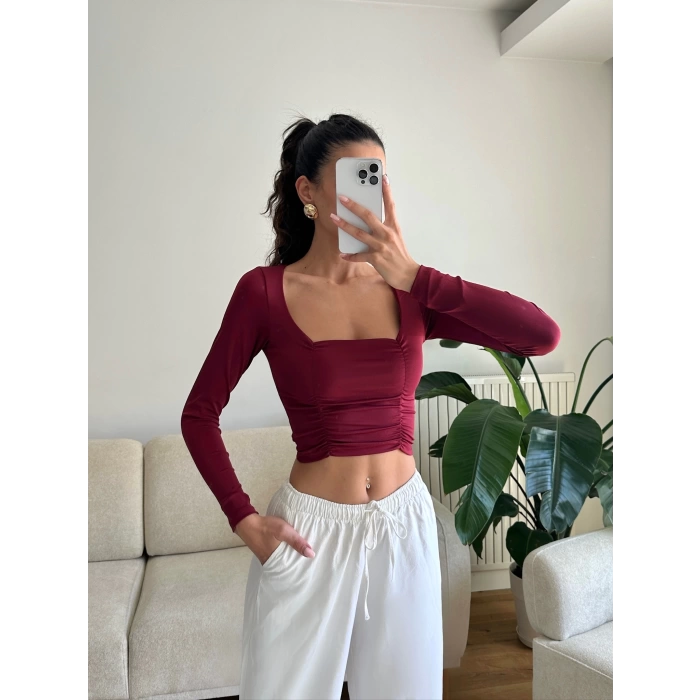 Yan Büzgü Kare Yaka Crop - BORDO