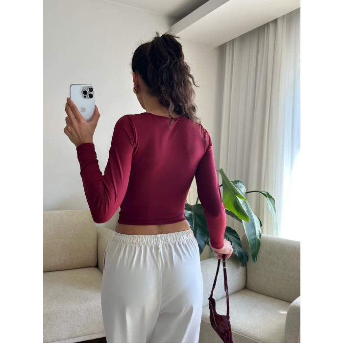 Yan Büzgü Kare Yaka Crop - BORDO