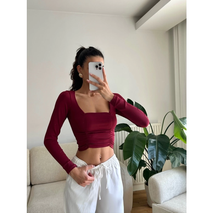Yan Büzgü Kare Yaka Crop - BORDO