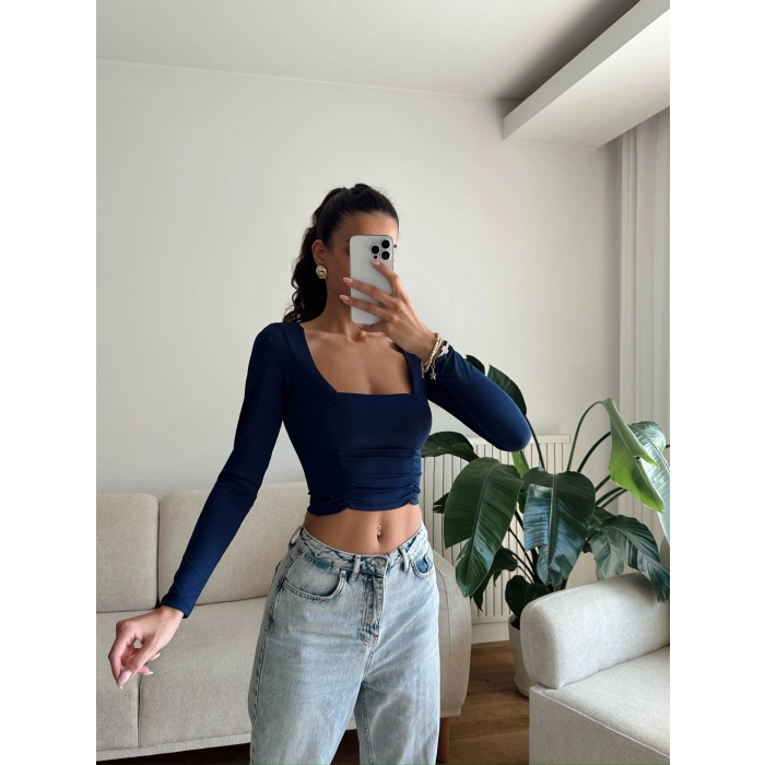 Yan Büzgü Kare Yaka Crop - LACİVERT