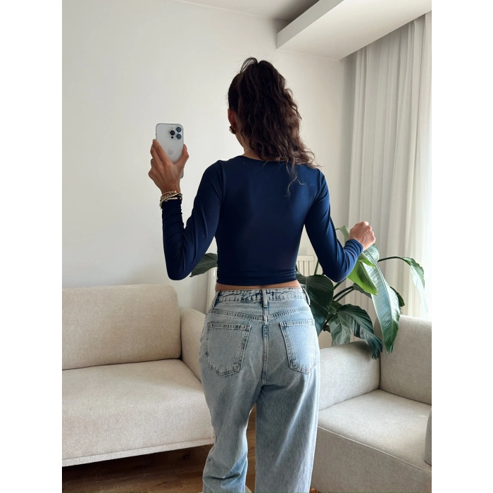 Yan Büzgü Kare Yaka Crop - LACİVERT