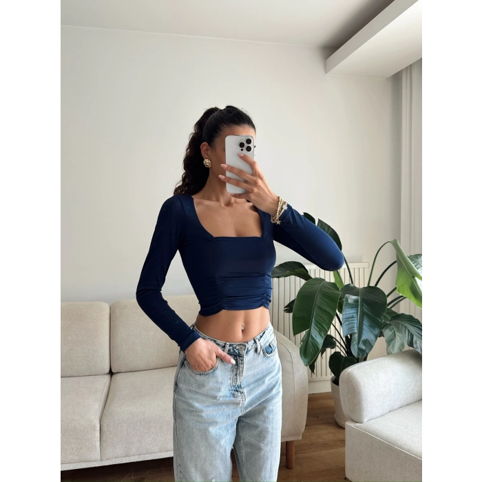 Yan Büzgü Kare Yaka Crop - LACİVERT