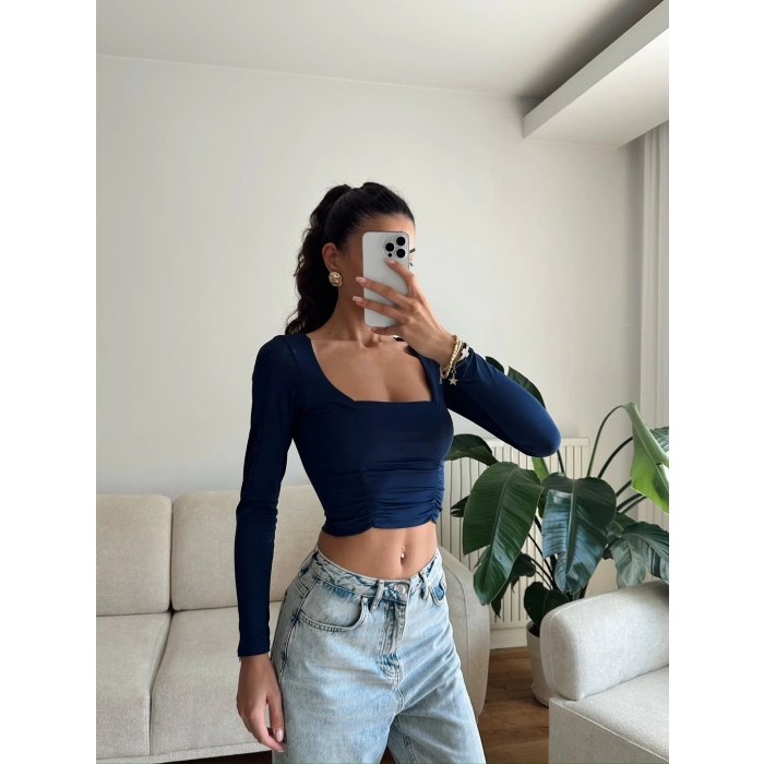 Yan Büzgü Kare Yaka Crop - LACİVERT