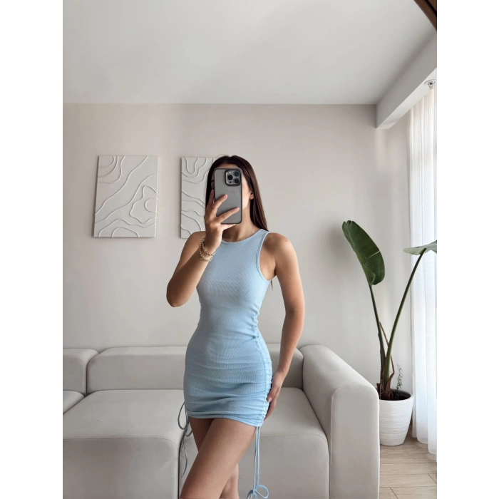Yan Büzgülü Mini Elbise - MAVİ