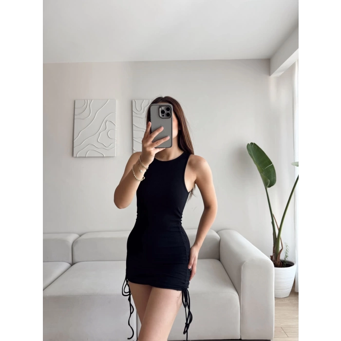 Yan Büzgülü Mini Elbise - SİYAH