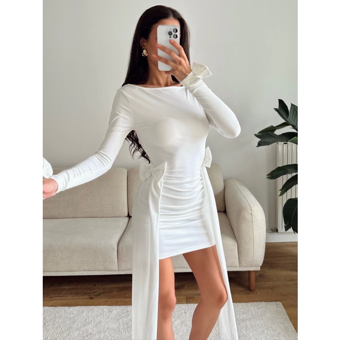 Yan Kurdele Panelli Elbise - BEYAZ