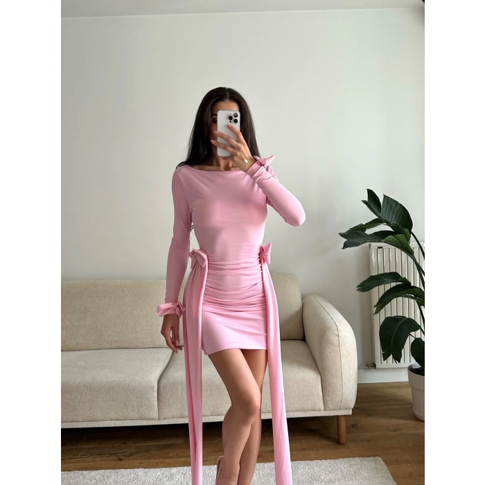 Yan Kurdele Panelli Elbise - PEMBE