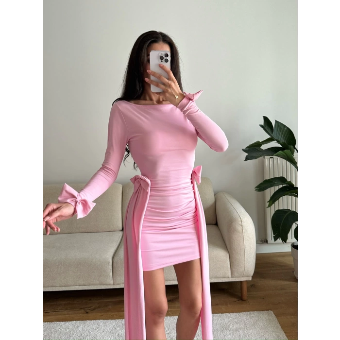 Yan Kurdele Panelli Elbise - PEMBE