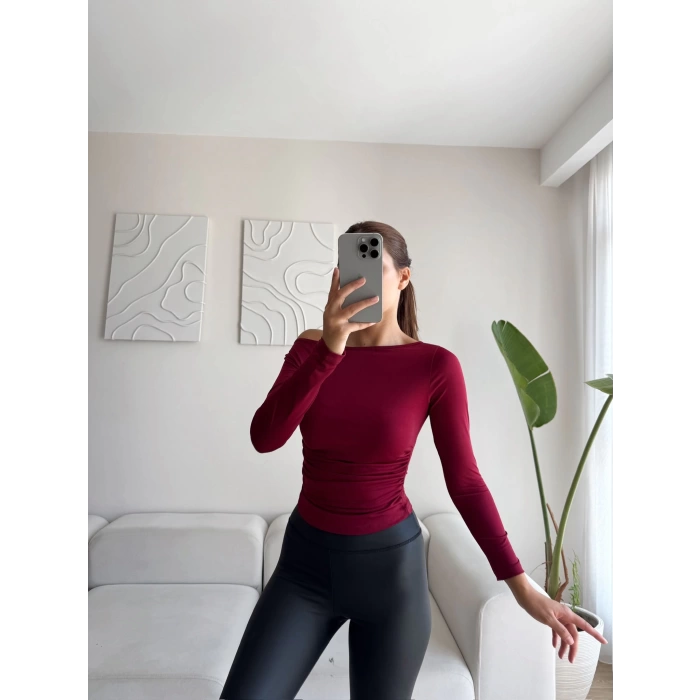 Yan Lastik Kayık Yaka Crop - BORDO