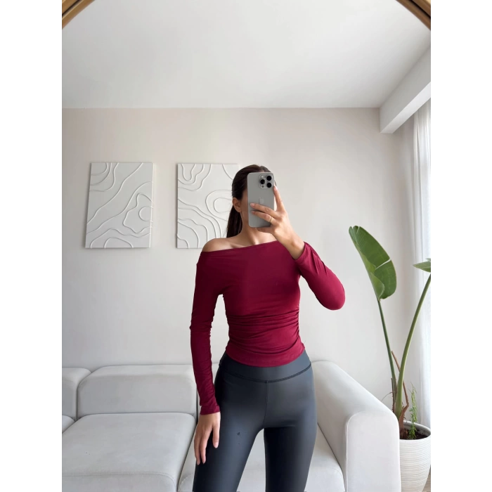 Yan Lastik Kayık Yaka Crop - BORDO