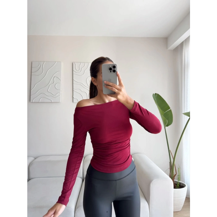 Yan Lastik Kayık Yaka Crop - BORDO