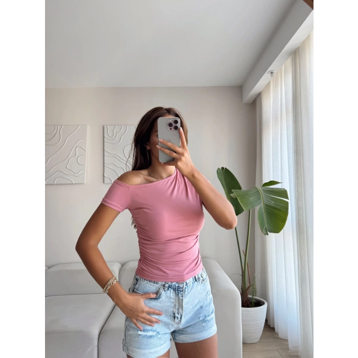 Yan Lastik Kayık Yaka Crop - PEMBE
