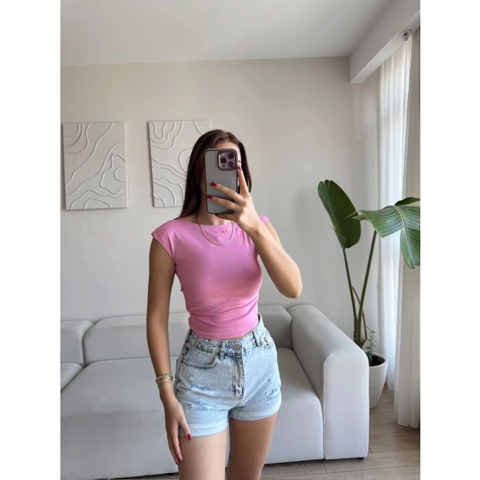 Yan Lastik Kayık Yaka Crop - PEMBE