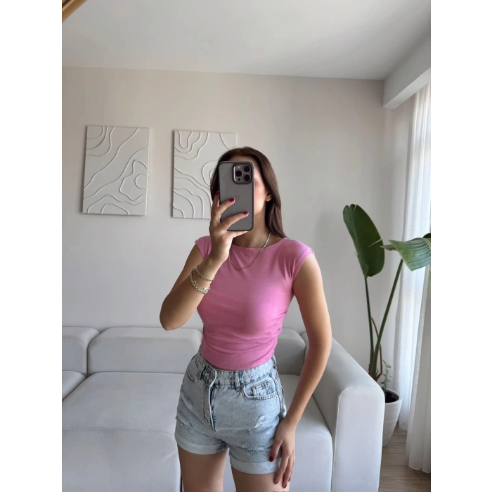 Yan Lastik Kayık Yaka Crop - PEMBE