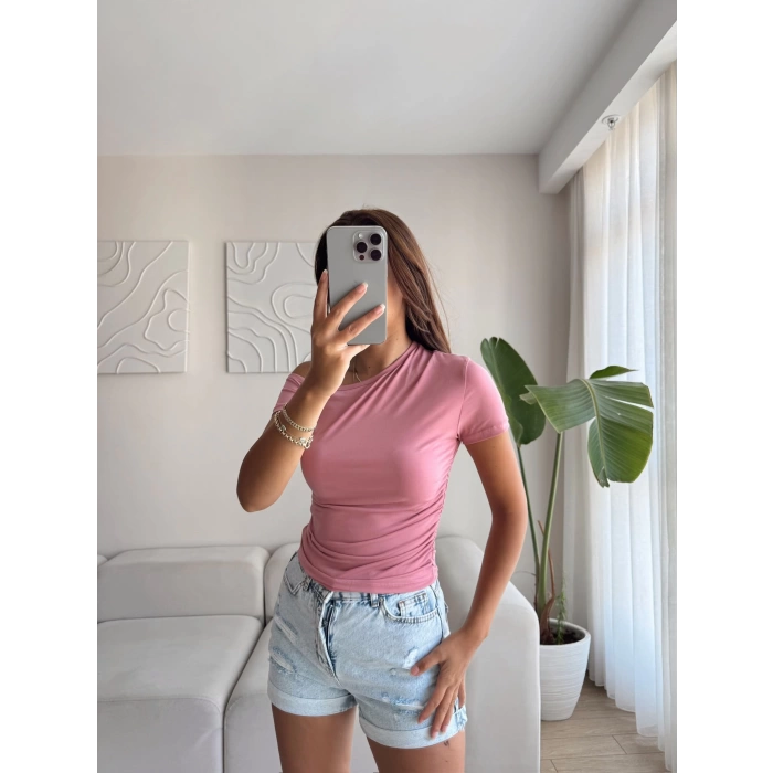 Yan Lastik Kayık Yaka Crop - PEMBE