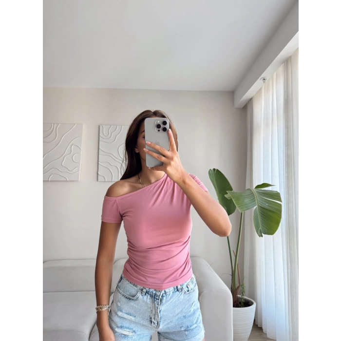 Yan Lastik Kayık Yaka Crop - PEMBE