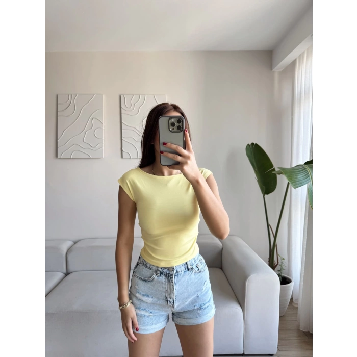 Yan Lastik Kayık Yaka Crop - SARI