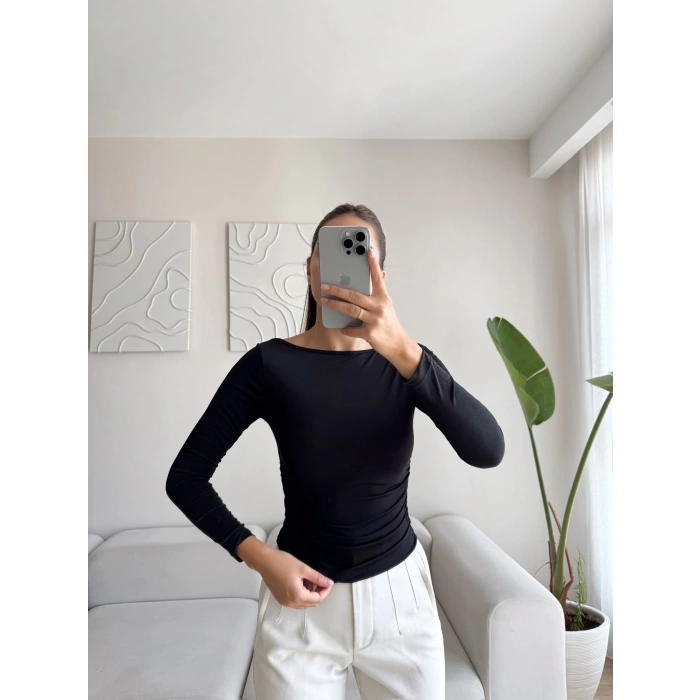 Yan Lastik Kayık Yaka Crop - SİYAH