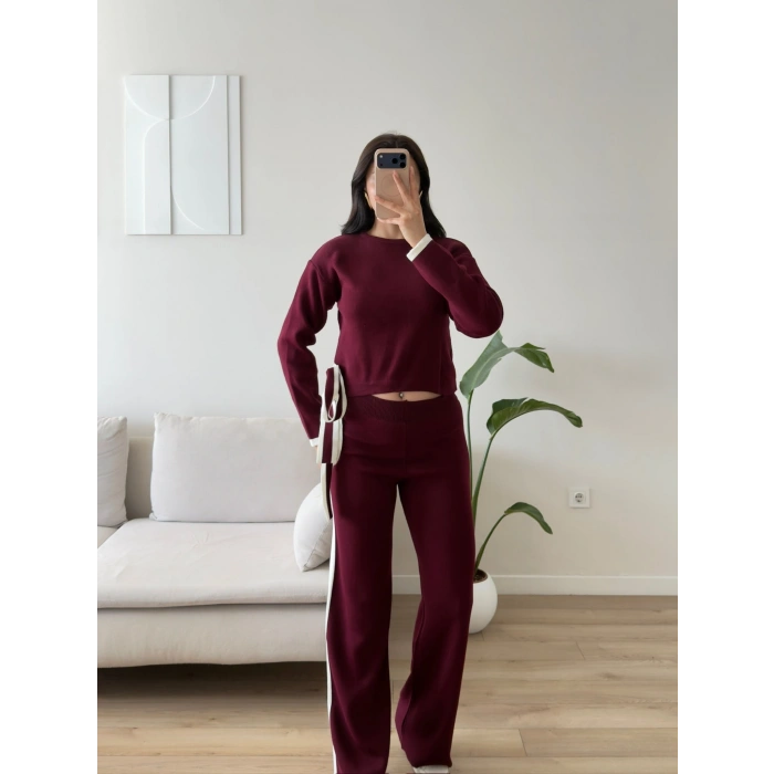 Yan Şerit Fiyonklu Triko Takım - BORDO