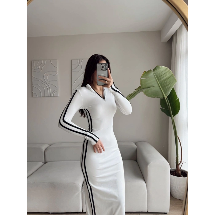 Yan Şeritli Fermuar Detay Dik Yaka Elbise - BEYAZ