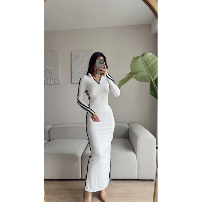 Yan Şeritli Fermuar Detay Dik Yaka Elbise - BEYAZ