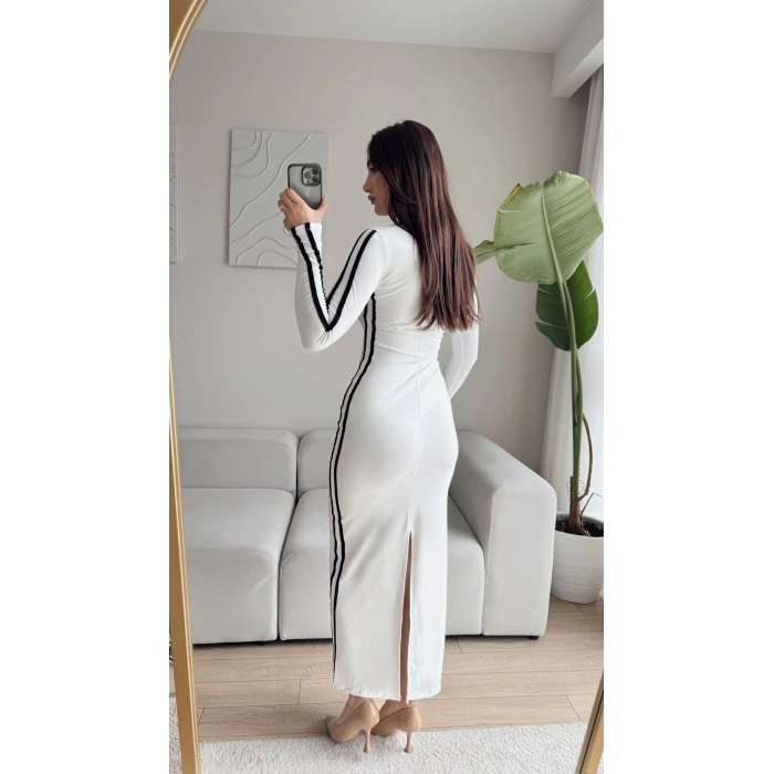 Yan Şeritli Fermuar Detay Dik Yaka Elbise - BEYAZ