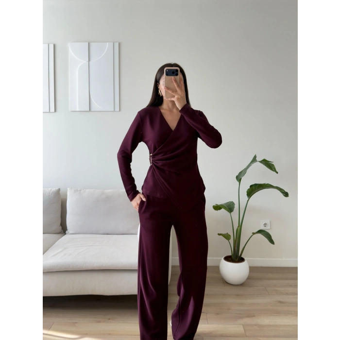 Yan Tokalı Kruvaze Takım - BORDO