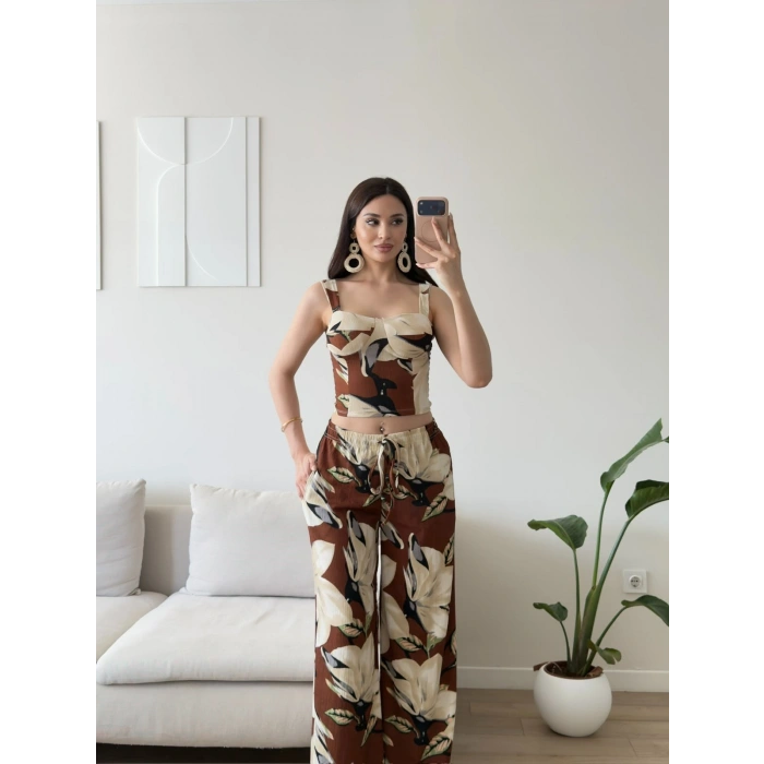 Yaprak Desen Palazzo İkili Takım - KAHVE