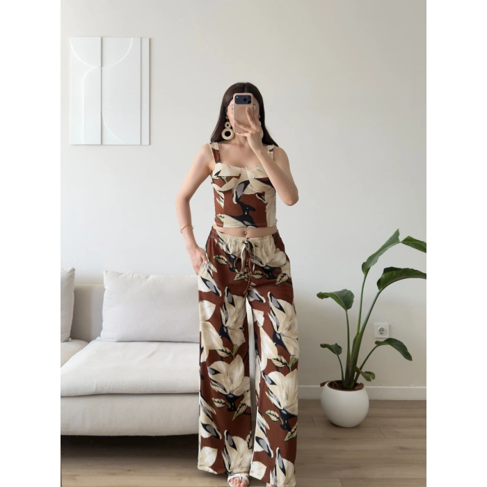 Yaprak Desen Palazzo İkili Takım - KAHVE