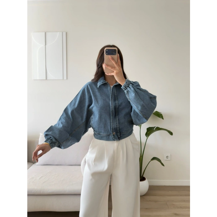 Yarasa Balon Kol Denim Ceket - AÇIK MAVİ