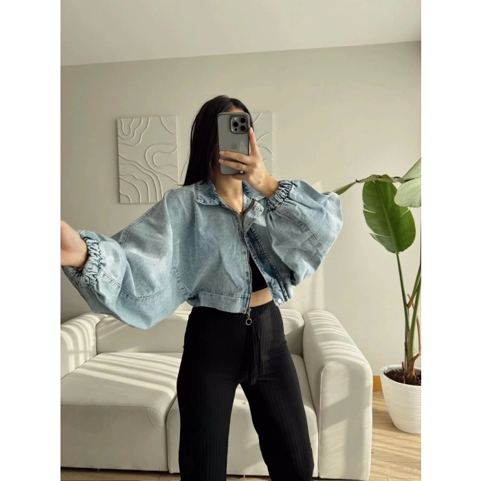 Yarasa Balon Kol Denim Ceket - AÇIK MAVİ