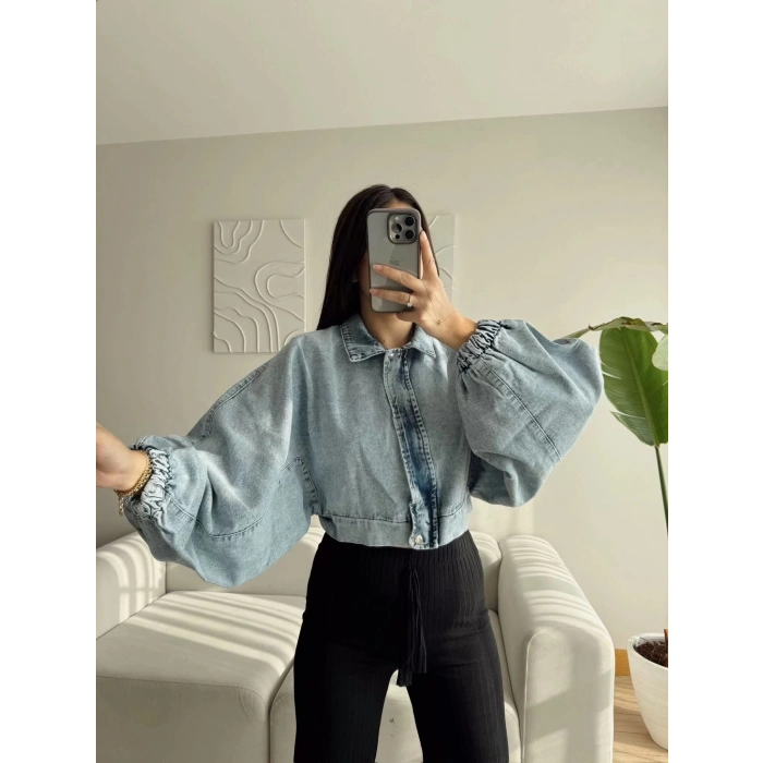 Yarasa Balon Kol Denim Ceket - AÇIK MAVİ