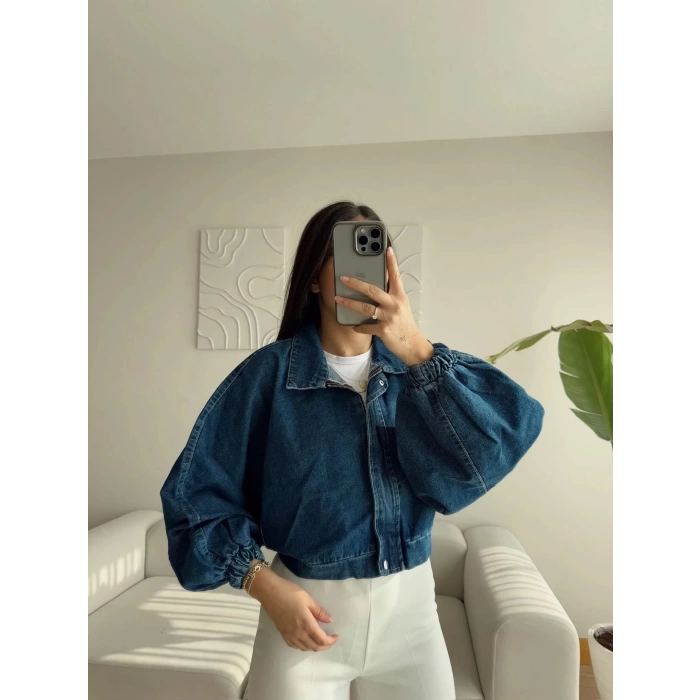 Yarasa Balon Kol Denim Ceket - KOYU MAVİ