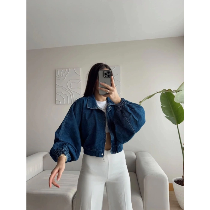 Yarasa Balon Kol Denim Ceket - KOYU MAVİ