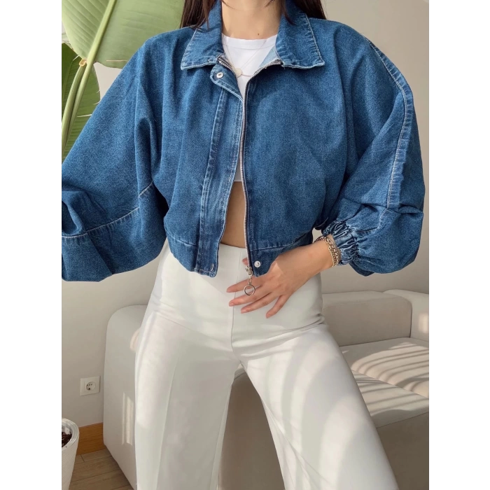 Yarasa Balon Kol Denim Ceket - KOYU MAVİ