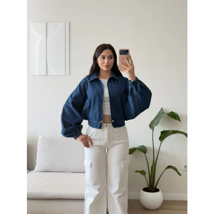 Yarasa Balon Kol Denim Ceket - KOYUMAVİ