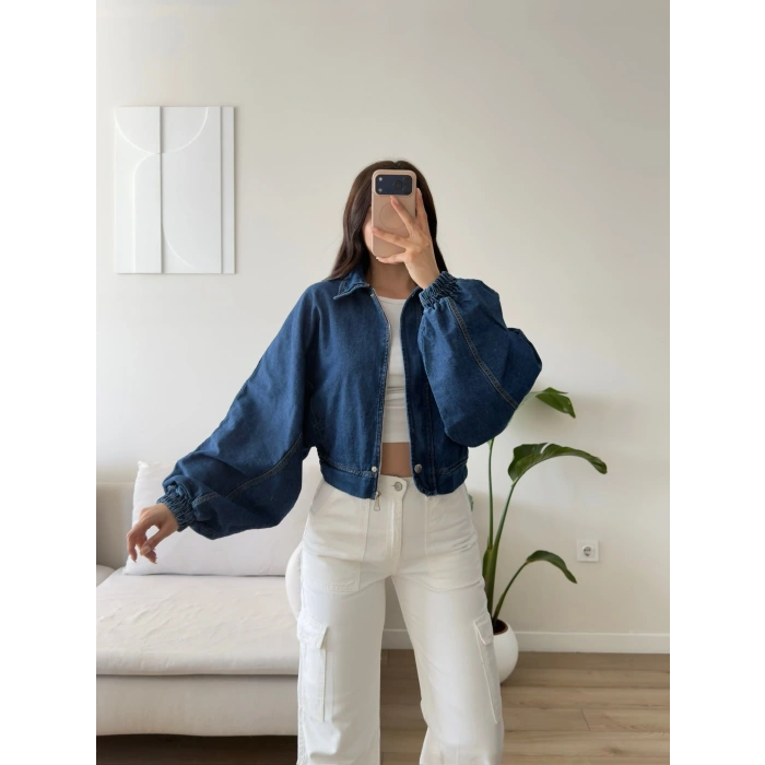 Yarasa Balon Kol Denim Ceket - KOYUMAVİ