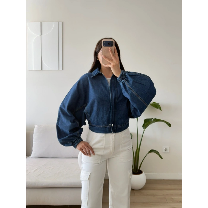Yarasa Balon Kol Denim Ceket - KOYUMAVİ